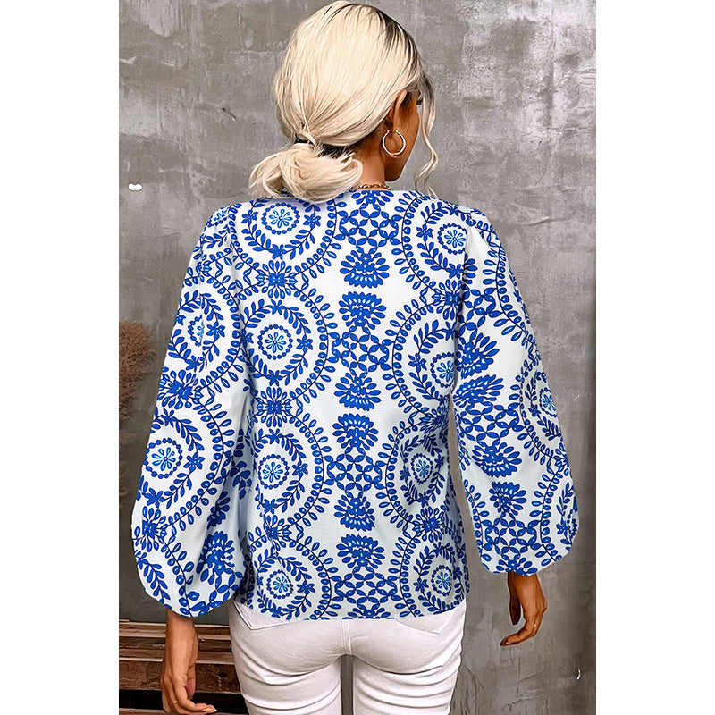 Amerikaanse Casual Slim-fit Bohemian V-hals Blouse met Lange Mouwen en Knoopsluiting voor Dames