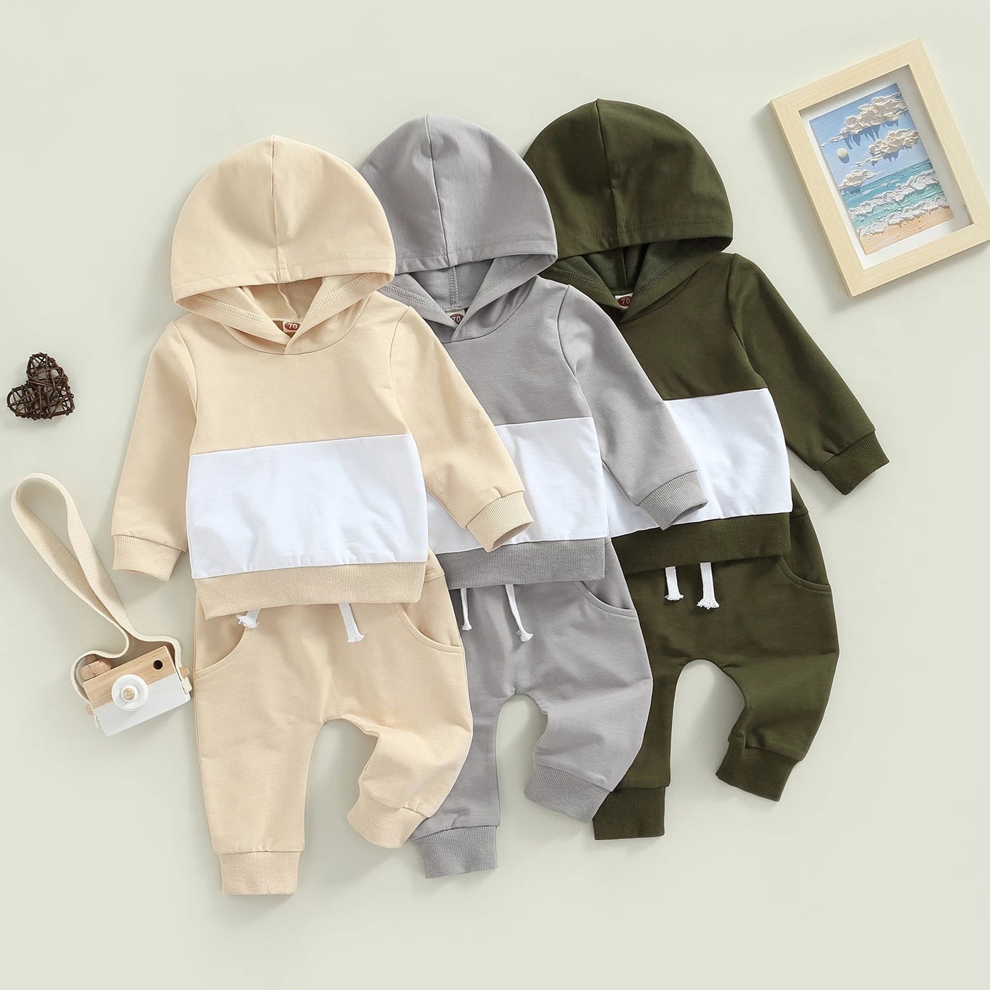Casual Effen Kleur Hoodie met Patchwork & Broek 2-delige Set voor Peuters/ Kinderen