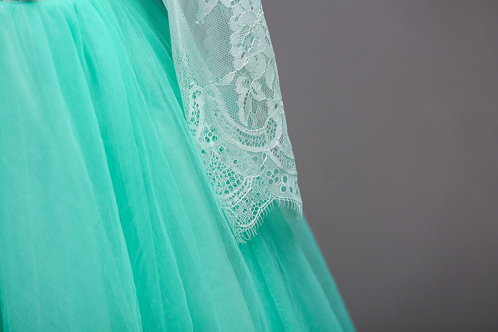 Elegante Feestelijke Lange Bloemenpatroon Galajurk van Kant en Tule met Lange Mouwen en  voor Meisjes & Meiden