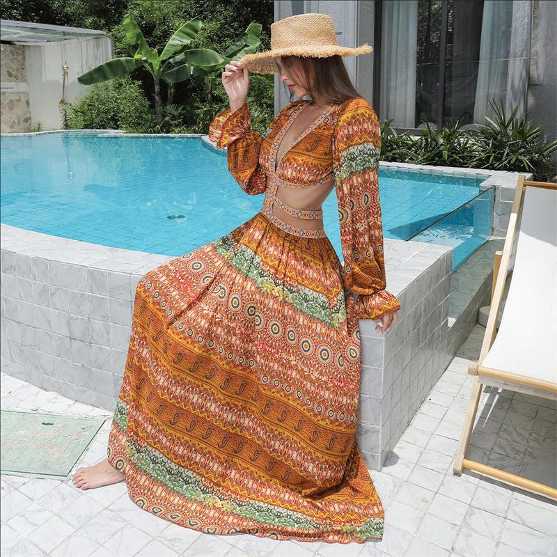 Elegante Vintage Bloemenprint Boho Maxi-jurk met V-hals en Lange Pofmouwen voor Dames & Plus-size