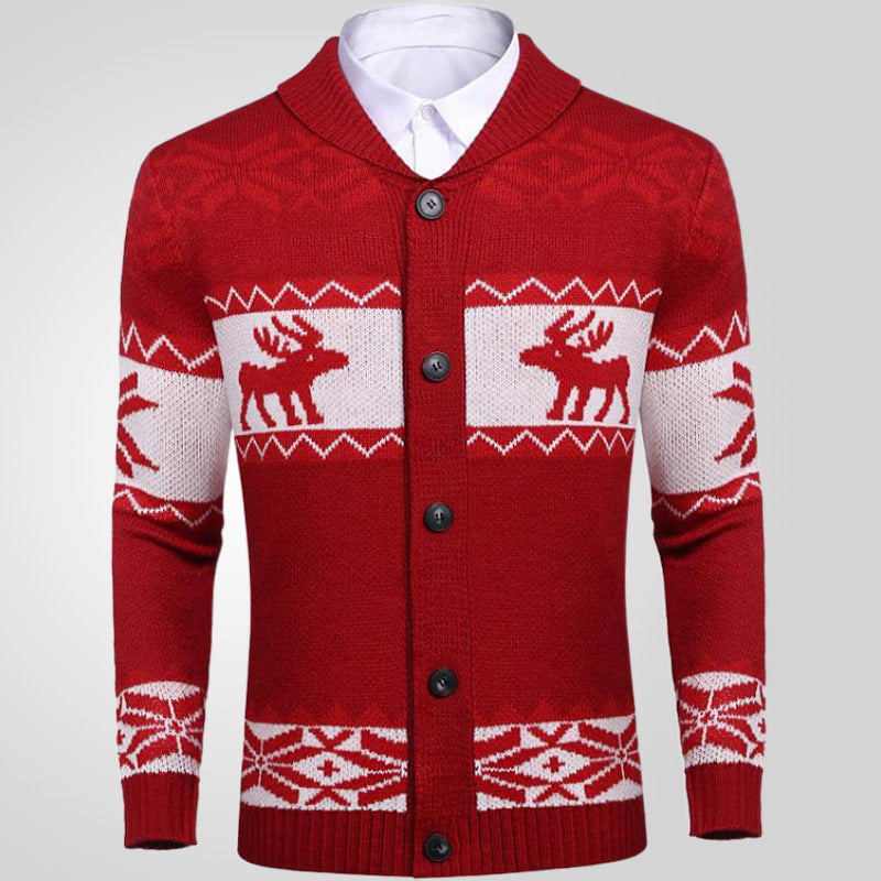 Kerstmis Unieke Gebreide Jacquard Kerst Trui-Cardigan met All-Over Gebreide Kerstprint en Knoopsluiting voor Heren
