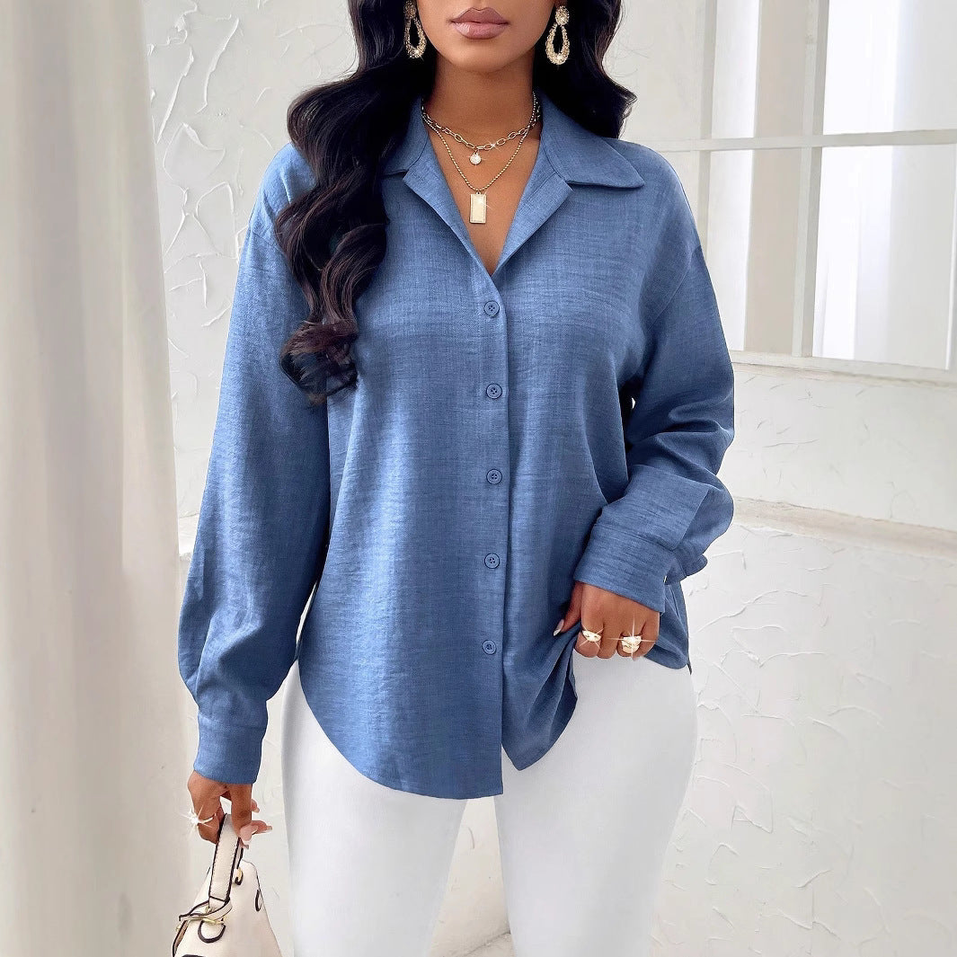 Amerikaanse Mode Casual Effen Kleur Forensenshirt met Lange Mouwen voor Dames & Plus-size