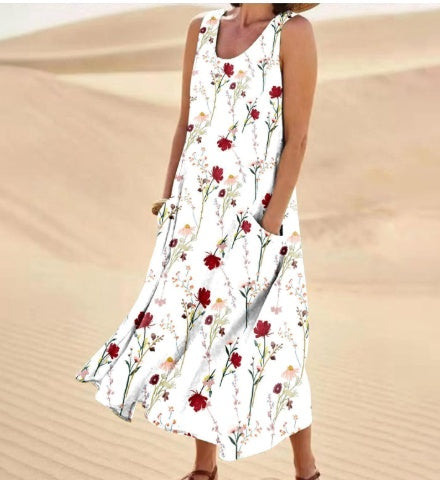 Casual Elegante Mouwloze Bloemenprint A-lijn Maxi-jurk met Ronde Hals voor Dames & Plus-size