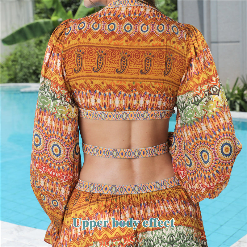 Elegante Vintage Bloemenprint Boho Maxi-jurk met V-hals en Lange Pofmouwen voor Dames & Plus-size