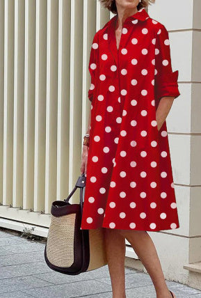 Klassieke Elegante Effen Kleur Middellange Overhemdjurk met Lange Mouwen voor Dames & Plus-size