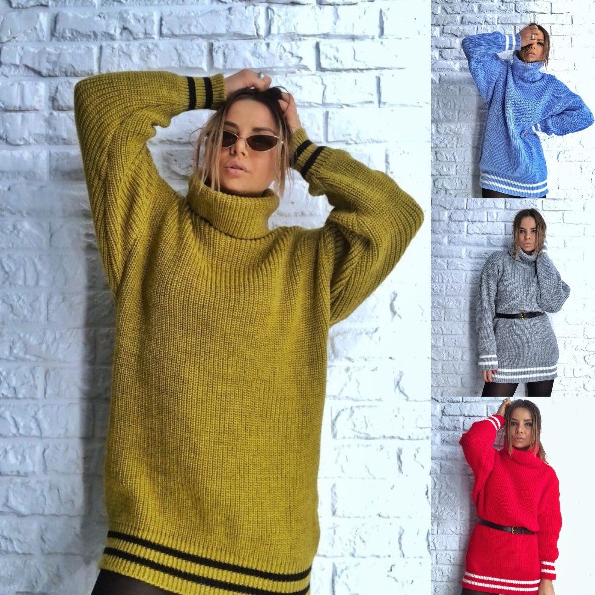 Europese en Amerikaanse Losvallend Gebreide Trui met Hoge Hals en Grote Strepen voor Dames & Meiden