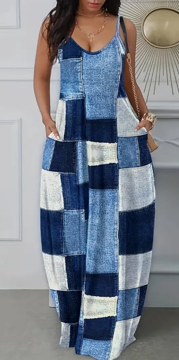 Casual Spijker-Patchwork Lange Cami-jurk met Spaghetti Bandjes en V-hals voor Dames & Plus-size