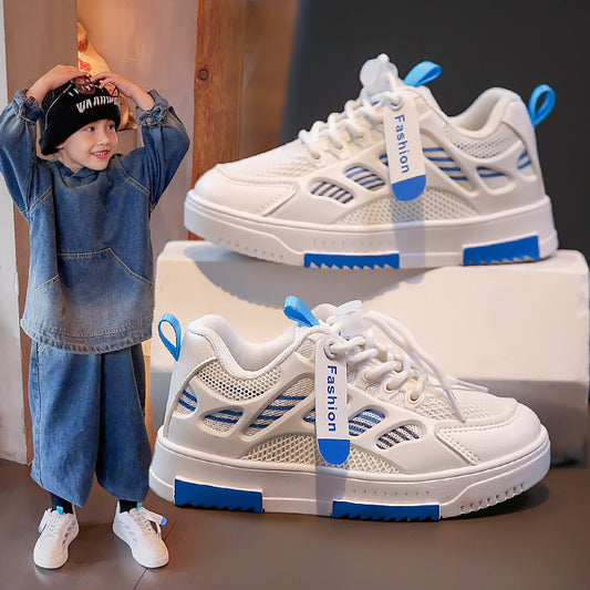 Modieuze Handbeschilderd Casual Mesh Laag Gestreepte Sportsneakers van PU-Leer met Vetersluiting voor Kids & Teenager