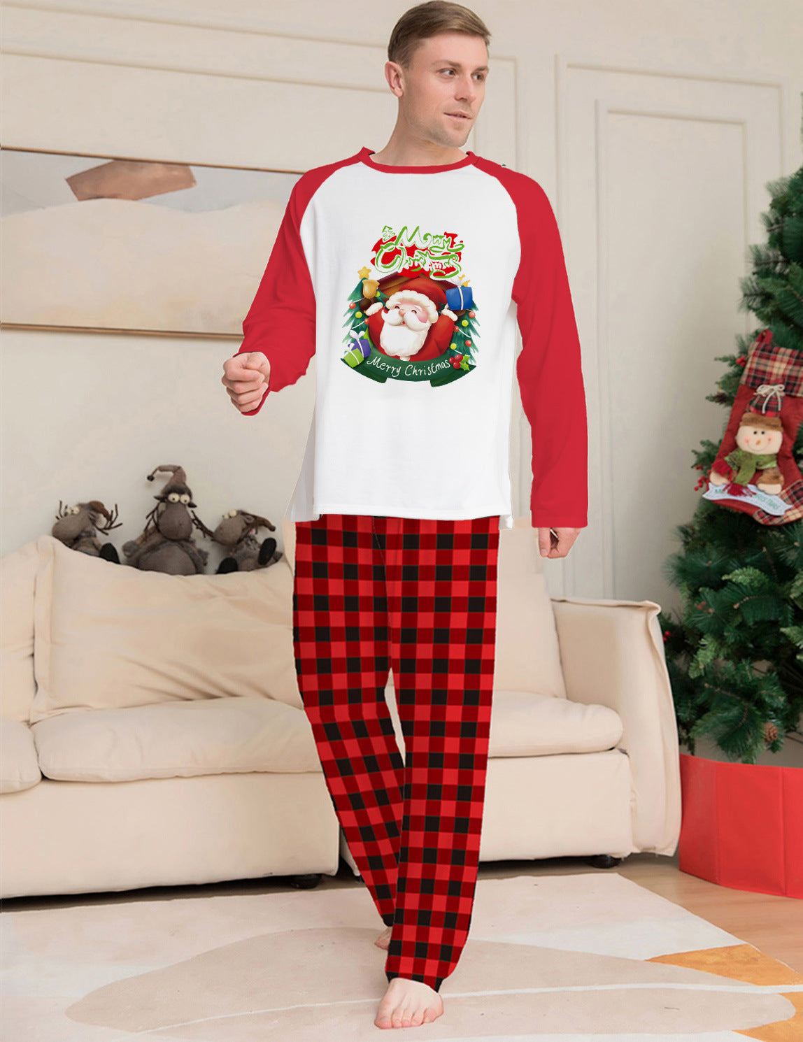 Kerstmis Familie Trendy Casual Matching Geruite Kerstpyjama met Kerstmisprint Gezin & Koppels