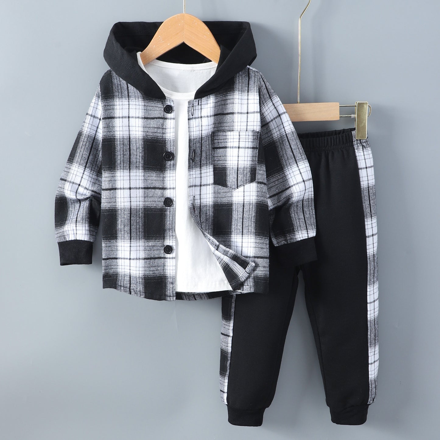Tweedelig Set Geruite Contrastkleur Sweatvest met Capuchon & Joggingbroek voor Peuters/ Kinderen