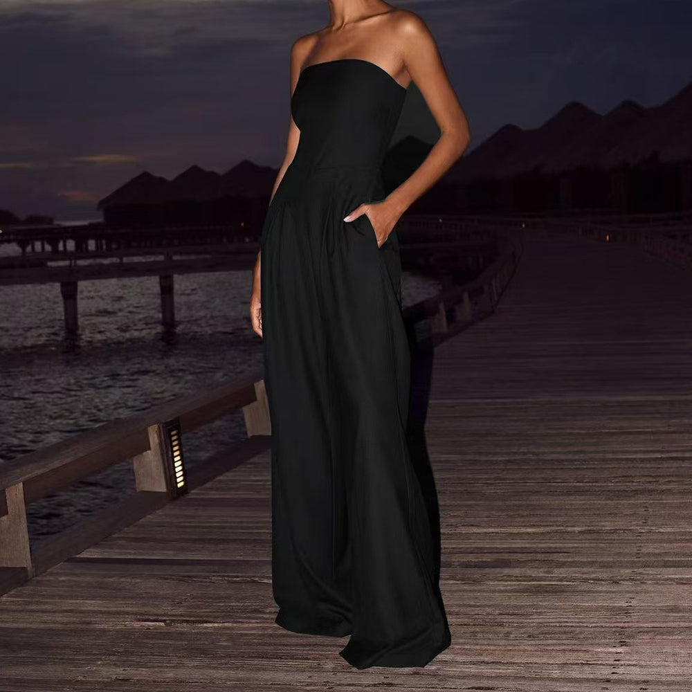 Elegante Casual Comfortabele Strapless Stretch Jumpsuit met Losvallend Wijde Pijpen voor Dames