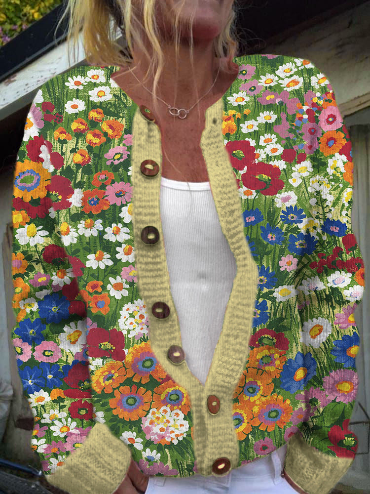 Casual 3D digitaalprint Gebreide Trui-vest met Lange Mouwen en Knoopsluiting voor Dames & Plus-size