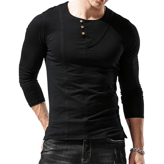 Amerikaanse Casual Effen Kleur Ronde Hals Henley T-shirt met Lange Mouwen en Korte Knoopsluiting voor Heren