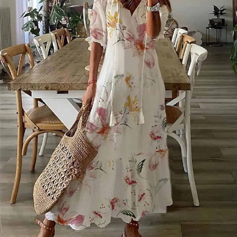 Stijlvolle Elegante Bedrukte Bloemenprint Maxi-jurk met Lange Mouwen en V-hals voor Dames & Plus-size
