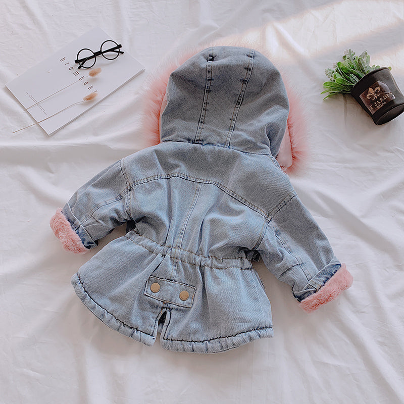 Trendy Fluwelen Spijkerjacket met Bontkraag Capuchon en Ritssluiting voor Baby's & Peuters