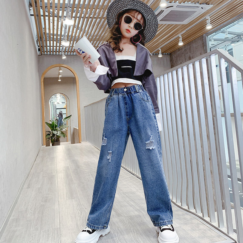 Donkerblauw Losse Wide-Leg Jeans voor Kinderen/ Tieners