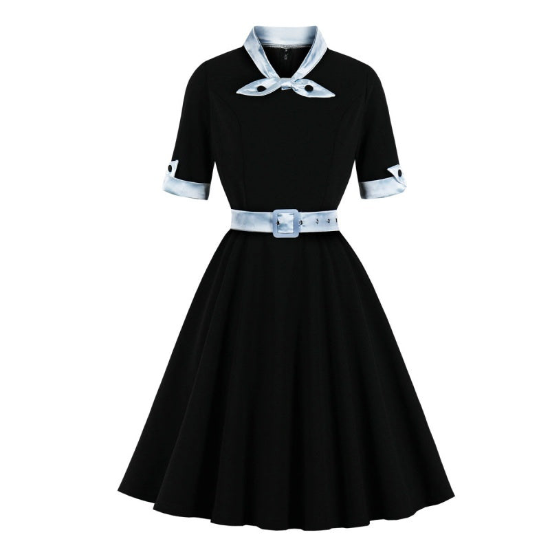 Hepburn Style Franse Retro Korte Mouwen Matrozen Swingjurk met Openstaande Kraag en Blauwe Riem voor Dames & Plus-size