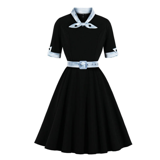 Hepburn Style Franse Retro Korte Mouwen Matrozen Swingjurk met Openstaande Kraag en Blauwe Riem voor Dames & Plus-size