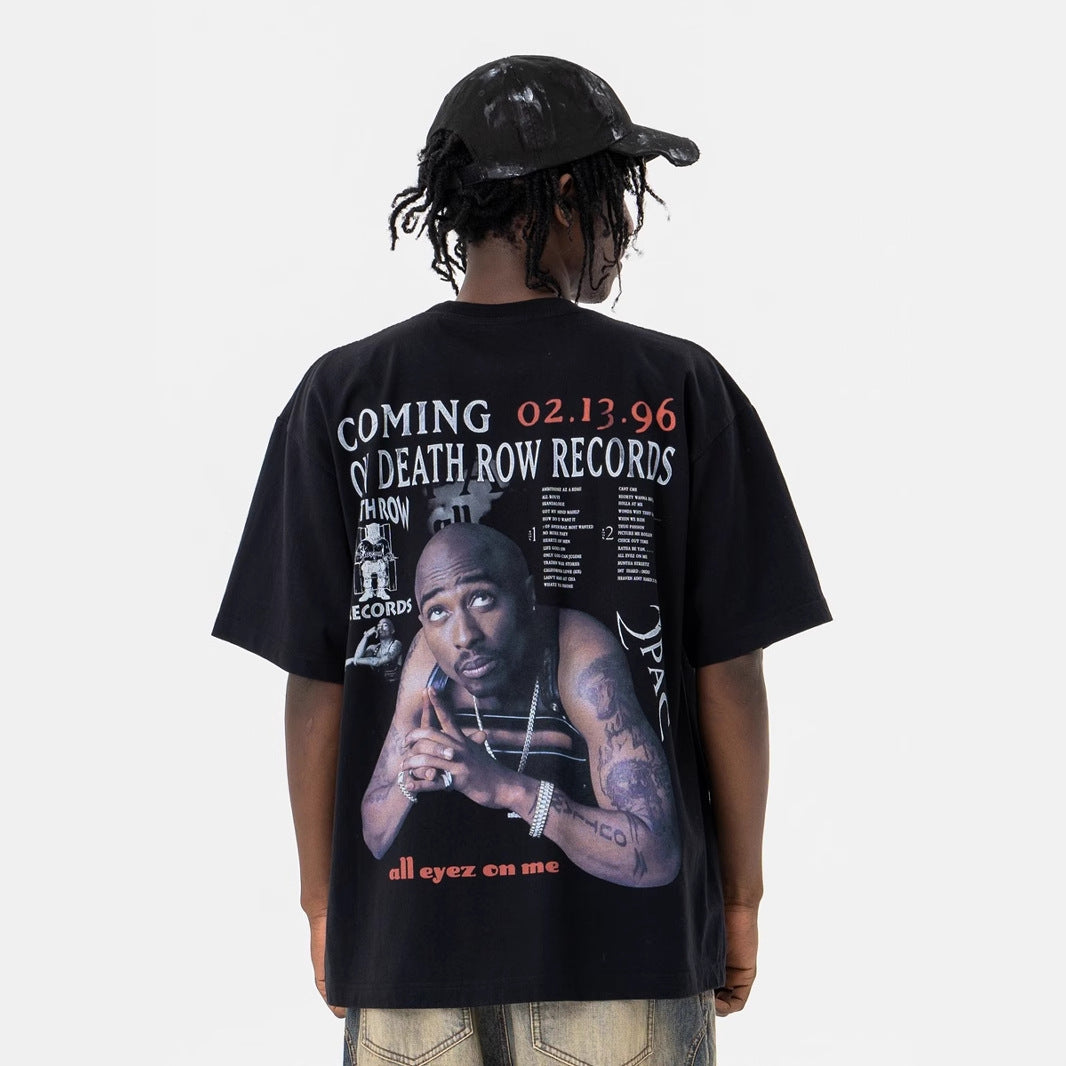 Retro Hiphopstijl Effen Kleur Oversized Casual Ronde T-shirt met Bedrukte Grafische Fotoprint en Korte Mouwen voor Heren
