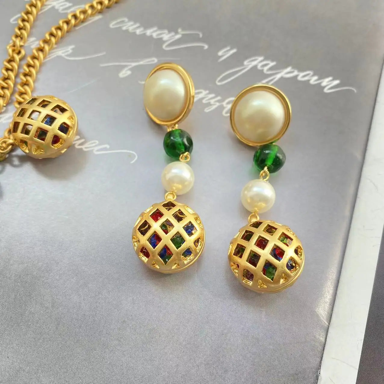 Klassieke Vintage Statement Birdcage Oorbellen/Halsketting/Set van Legering met Gekleurde Kralen Imitatieparels voor Dames