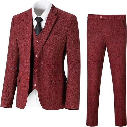 Stijlvolle Vintage Effen Kleur Slim Fit  3-delige Tweedpak met Visgraatmotief * Blazer & Pantalon met Knoopsluiting * voor Heren & Jongens