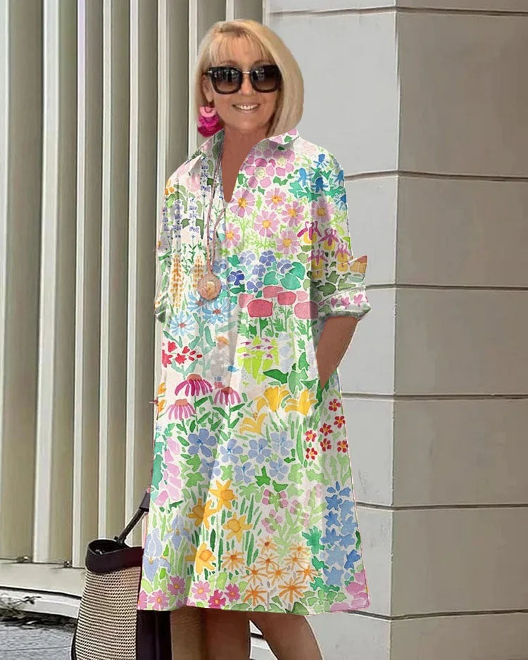 Klassieke Elegante Effen Kleur Middellange Overhemdjurk met Lange Mouwen voor Dames & Plus-size