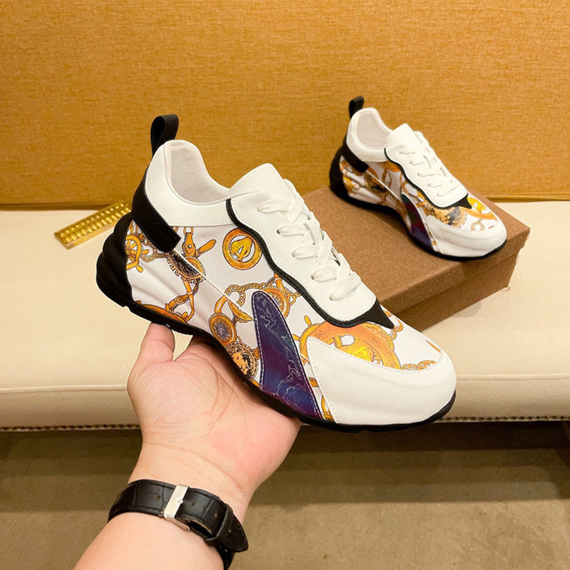 Europese Casual Kleurrijke Barocco-patroon Sportsneakers van Echt Leer met Ronde Neus en Vetersluiting voor Heren