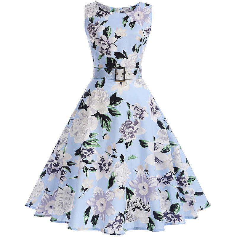 Hepburn Style Vintage Bloemenprint Mouwloze Cocktail Jurk met Riem voor Dames & Plus-size