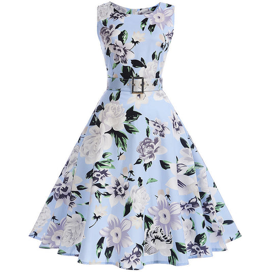 Hepburn Style Vintage Bloemenprint Mouwloze Cocktail Jurk met Riem voor Dames & Plus-size