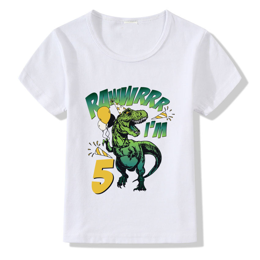 Casual Bedrukte Dino-ontwerp Verjaardag T-shirt van Cijfers 1-9 jaar met Ronde Hals en Korte Mouwen voor Kinderen
