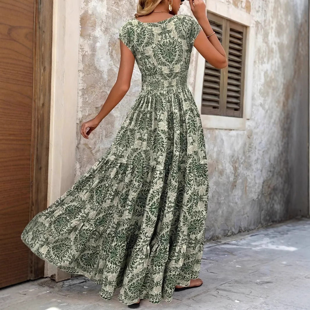 Elegante Vintage V-hals Floraprint Maxi-jurk met Korte Mouwen en Grote Zoom voor Dames & Plus-size
