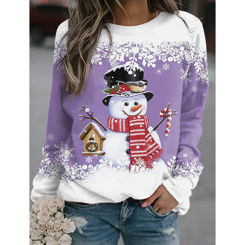 Kerstmis Casual Oversized Bedrukte Sneeuwpop-Print Sweatshirt met Ronde Hals
