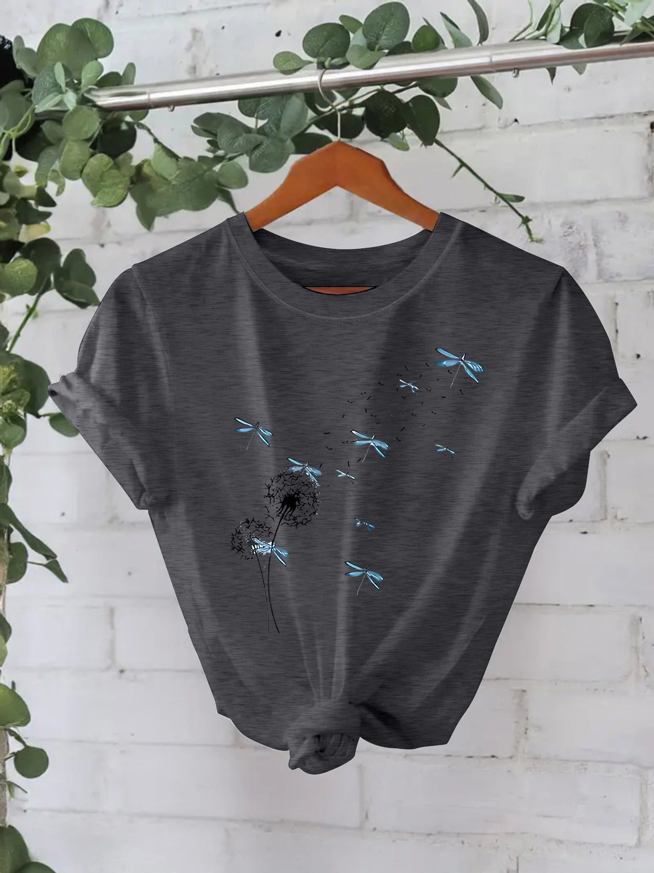 Stijlvolle Basic Streetwear Effen Kleur Casual Ronde Hals T-shirt met Paardenbloemmotief en Korte Mouwen voor Dames & Plus-Size