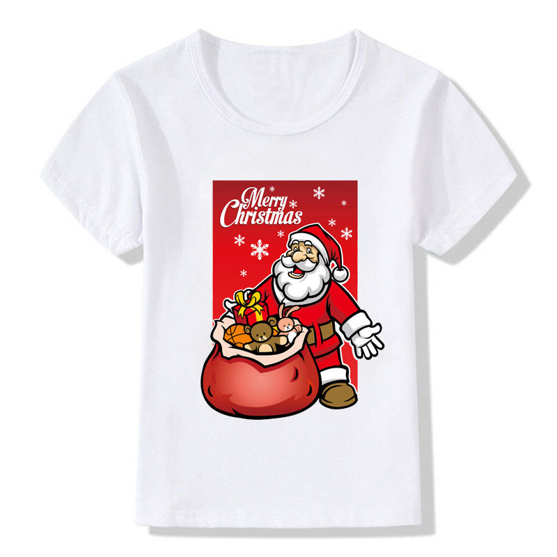 Amerikaanse Kerstmis Casual Bedrukte Schattige Cartoon Kerst T-shirt met Ronde Hals en Korte Mouwen voor Kinderen