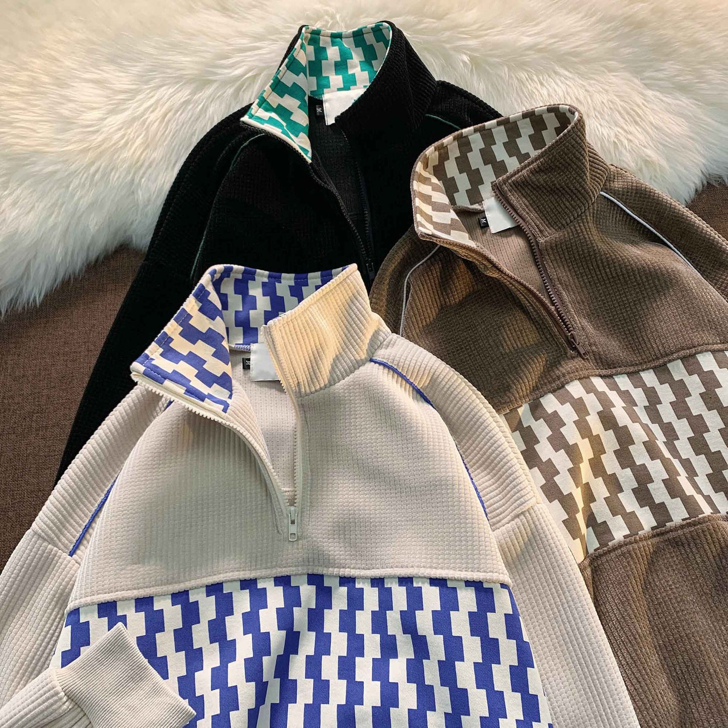 Amerikaanse Stijl Stitch Wafelgebreide Trui met Staande Kraag voor Heren