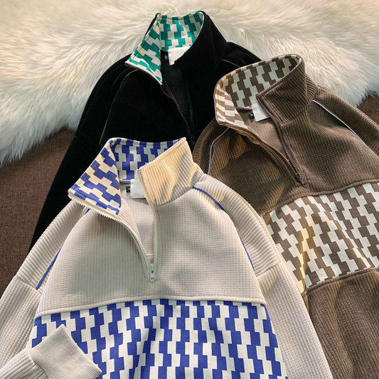 Amerikaanse Stijl Stitch Wafelgebreide Trui met Staande Kraag voor Heren