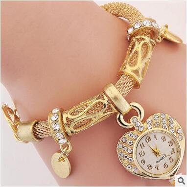 Vintage Bedelarmband Horloge van Stalen Perzikhart en Strass-steentjes voor Dames