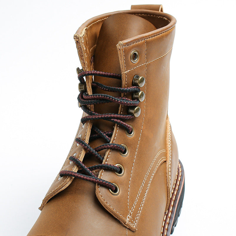 Amerikaanse Handgemaakte Vintage Crazy Horse Brown Hoge Workboots van Echt Leer met Vetersluiting en Rubber Zool voor Heren
