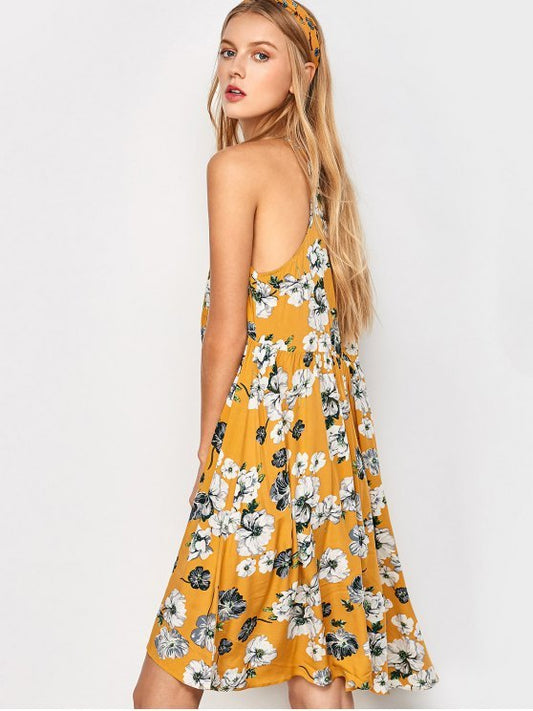 Casual Mouwloze Vintage Bloemenprint Midi Jurk voor Dames