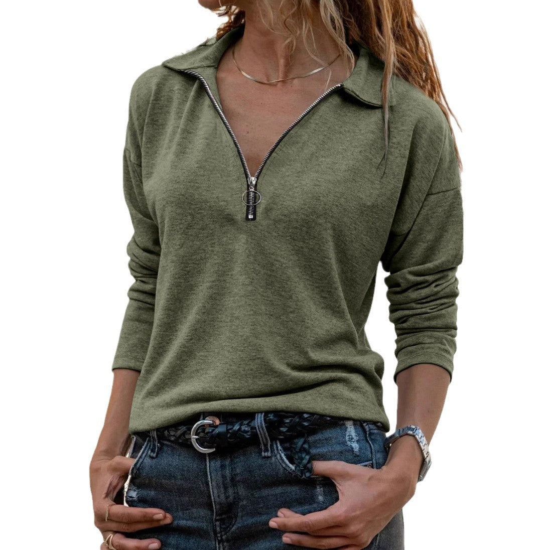 Casual Effen Kleur Stoffen Top met Halve Rits Revers en Lange Mouwen voor Dames & Plus-size