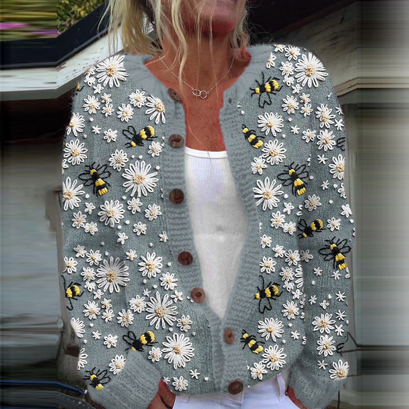 Casual 3D digitaalprint Gebreide Trui-vest met Lange Mouwen en Knoopsluiting voor Dames & Plus-size