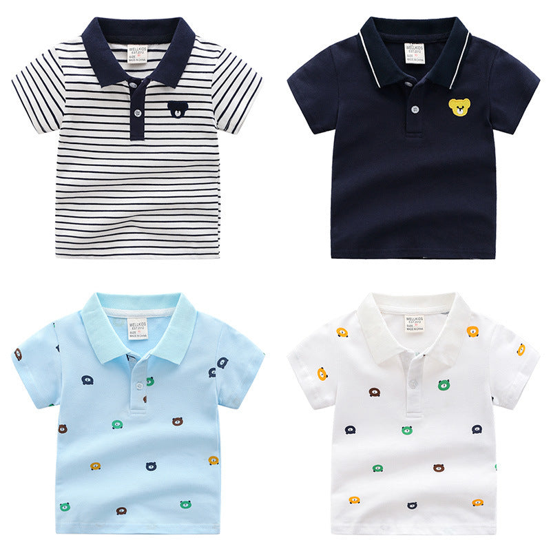 Stijlvolle Casual Gestreepte/Bedrukte Cartoon Print Revers Poloshirt met Korte Mouwen en Knoopsluiting voor Kinderen voor Kinderen