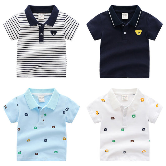 Stijlvolle Casual Gestreepte/Bedrukte Cartoon Print Revers Poloshirt met Korte Mouwen en Knoopsluiting voor Kinderen voor Kinderen