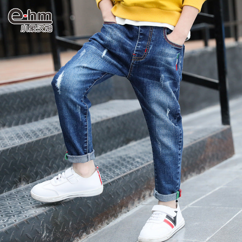 Europese Trendy Casual Ripped Washed Stretch Demin Jeans met Zakken voor Kinderen