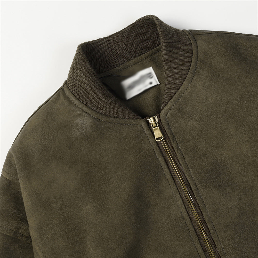 Distressed Casual Legergroene Losse Jas van PU -Leer met Rits voor heren