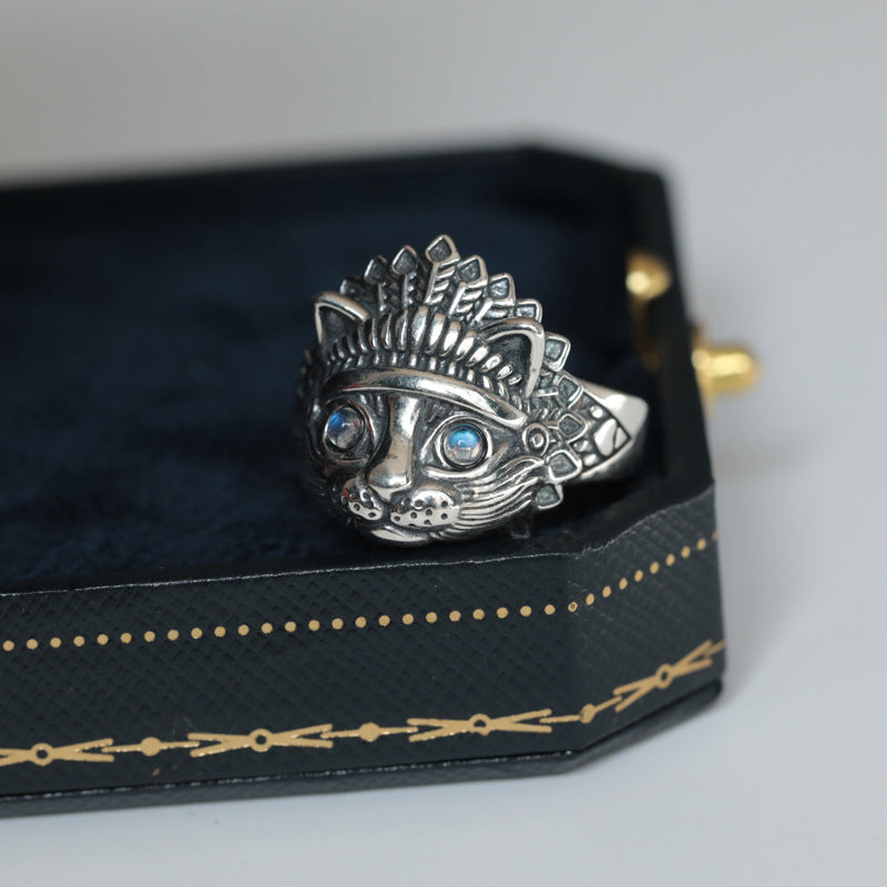 Vintage Ring met Maansteen en Indiase Kat voor Heren