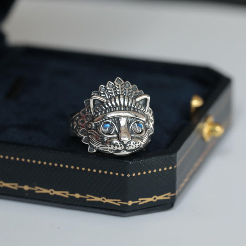 Vintage Ring met Maansteen en Indiase Kat voor Heren