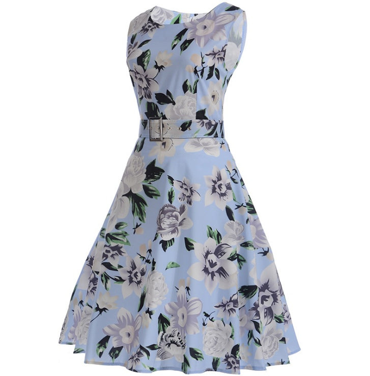 Hepburn Style Vintage Bloemenprint Mouwloze Cocktail Jurk met Riem voor Dames & Plus-size