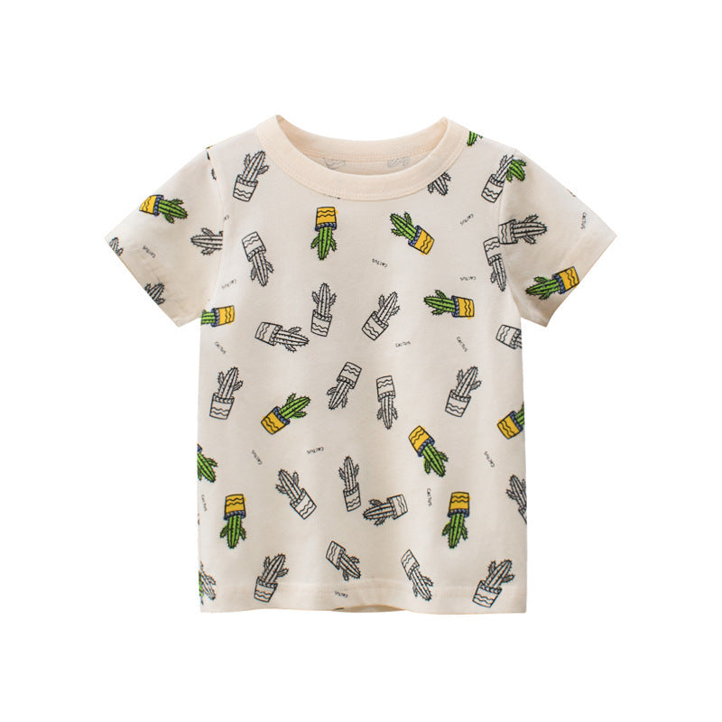 Trendy Casual Effen Kleur Korte Mouw T-shirt met Bedrukte All-over Cactusprint en Korte Mouwen voor Kinderen