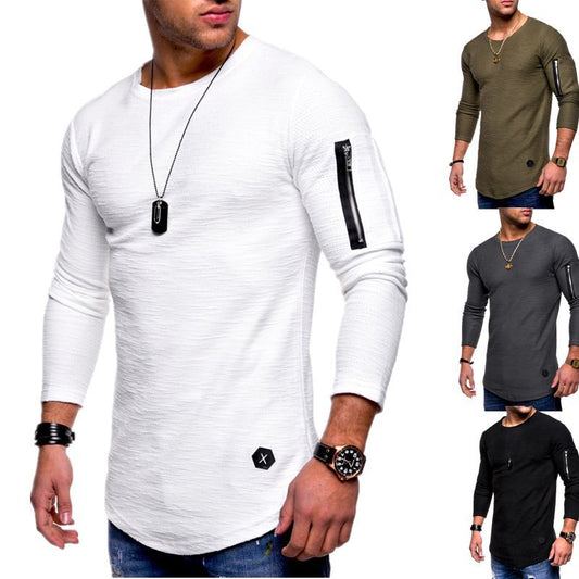 Amerikaanse Casual Effen Kleur Slim-Fit Longsleeve T-shirt met Ronde Hals en Ritsvak voor Heren